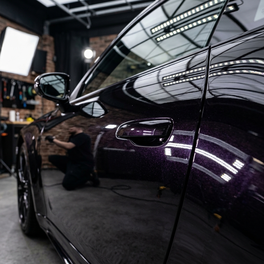 Car paint after premium detailing, showing mirror gloss finish