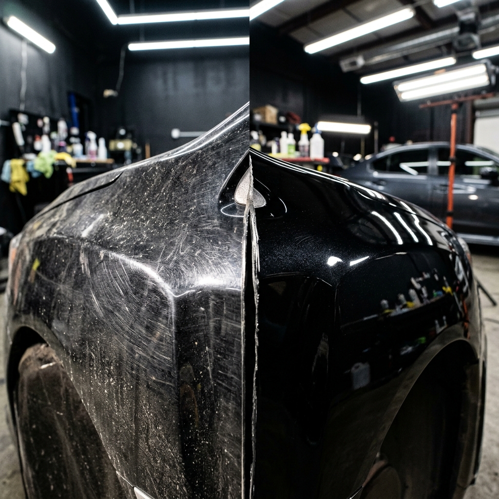 Car paint before detailing, showing scratches and swirl marks